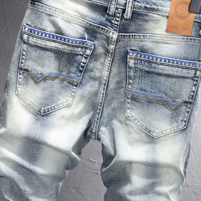 Street Fashion Men Jeans Retro Washed Blue Stretch Slim Fit Ripped Jeans Men Italian Style Vintage Designer Denim Pants Hombre