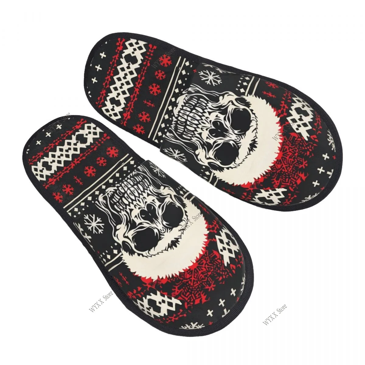 Men Women Plush Indoor Slippers Skull Wearing Santa Black Red Christmas Warm Soft Shoes Home Footwear Autumn Winter
