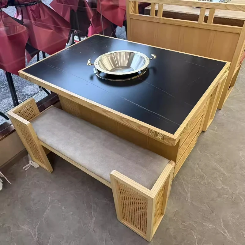 Solid wood marble rock slab hot pot tables and chairs