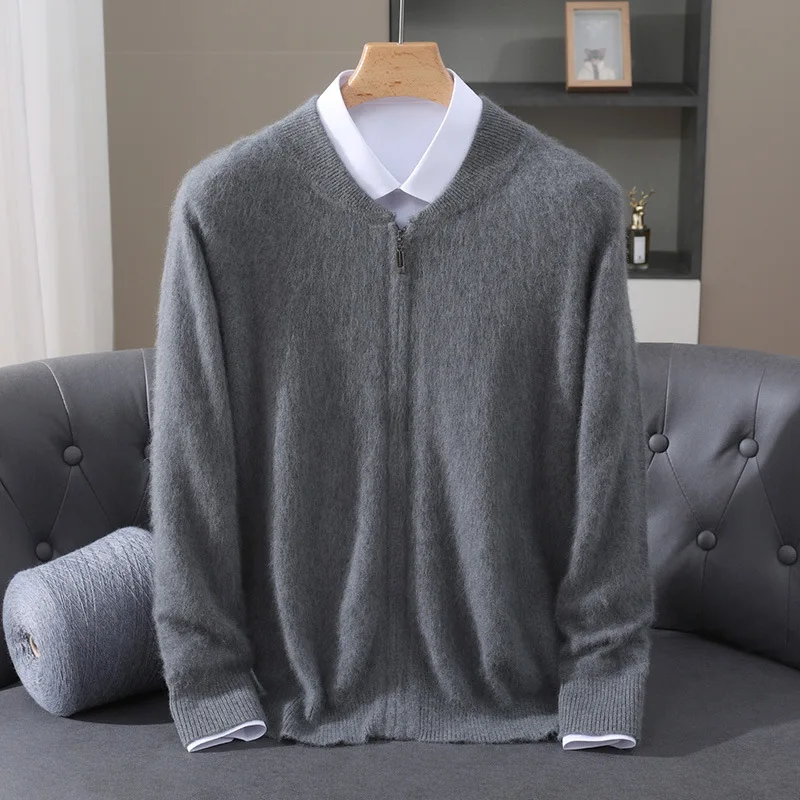 سترة صوفية محبوكة من كشمير المنك للرجال، مقاس فضفاض، ياقة واقفة، سحاب، لون سادة كاجوال، قميص قاعدة من الكشمير، معطف، سترة