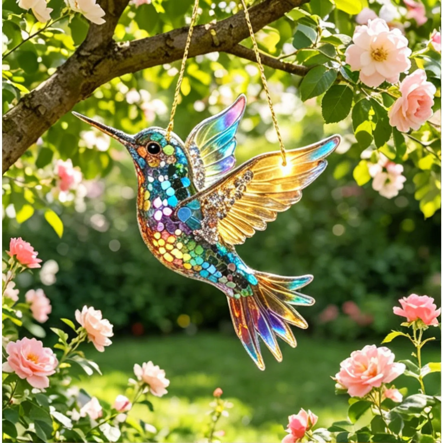 Hummingbird Stained Glass Suncatcher, 15x15cm Acrylic Window Hanging Ornament, Home Wall Art Decor for Garden Window