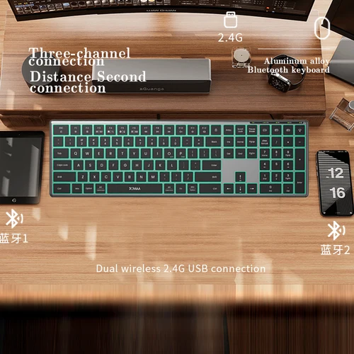 Imagen 2 del producto Teclado Bluetooth retroiluminado, teclado inalámbrico multidispositivo de tamaño completo con teclado numérico, teclado Multimedia delgado recargable