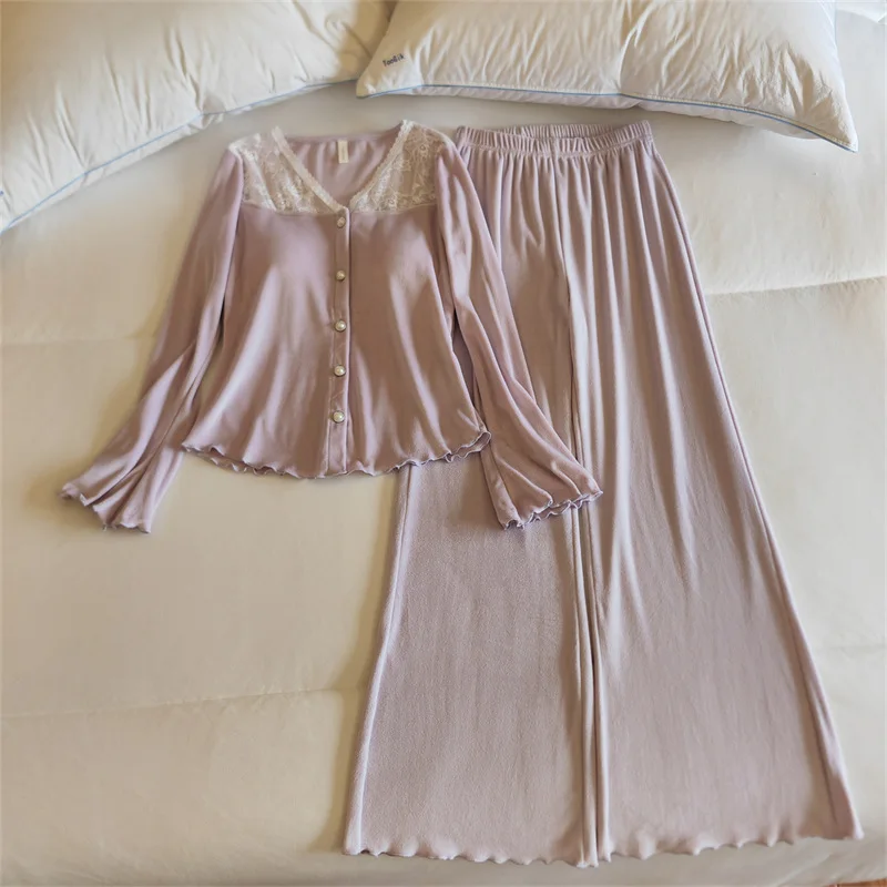 ملابس نوم دافئة لجزيرة الشتاء المخملية المرأة منامة مجموعة الدانتيل وسادة الصدر طويلة الأكمام أعلى بنطلون مجموعات ملابس المنزل سميكة