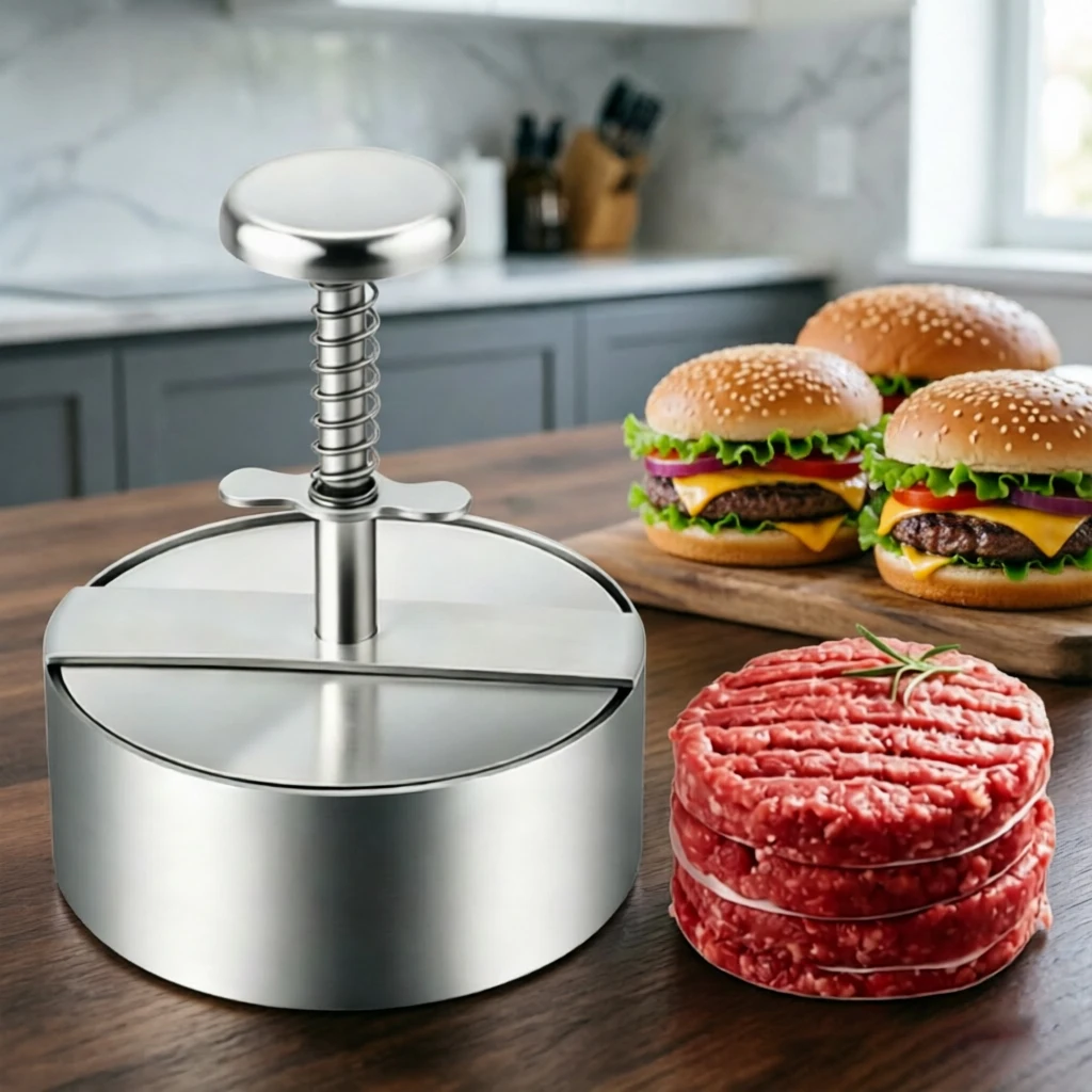 Stainless Steel Burger Press, Manual Spring‑Loaded Hamburger Patty Maker Mold for BBQ Grill Home Kitchen