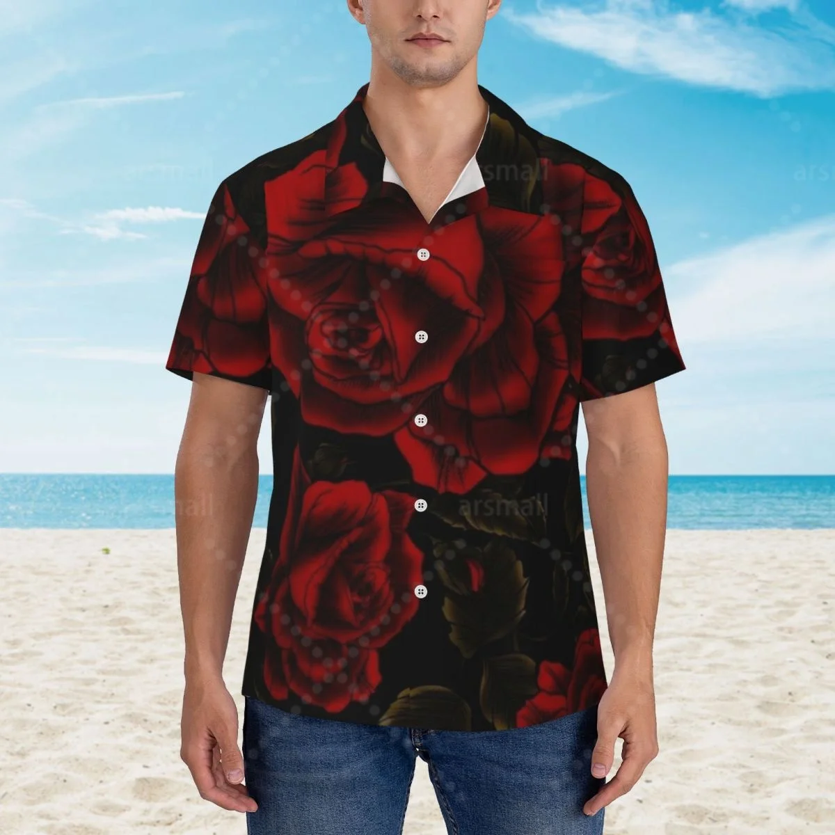 

Red Rose Printed Hawaiian Shirt Men Short Sleeve Casual Floral Print Beach Shirt Summer Vacation Shirt