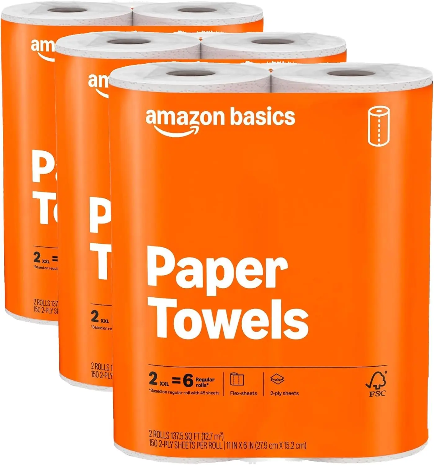 Basics 2-Ply Flex-Sheets Paper Towels, 6 Rolls = 20 Regular Rolls, 150 Sheets per Roll, Everyday Value