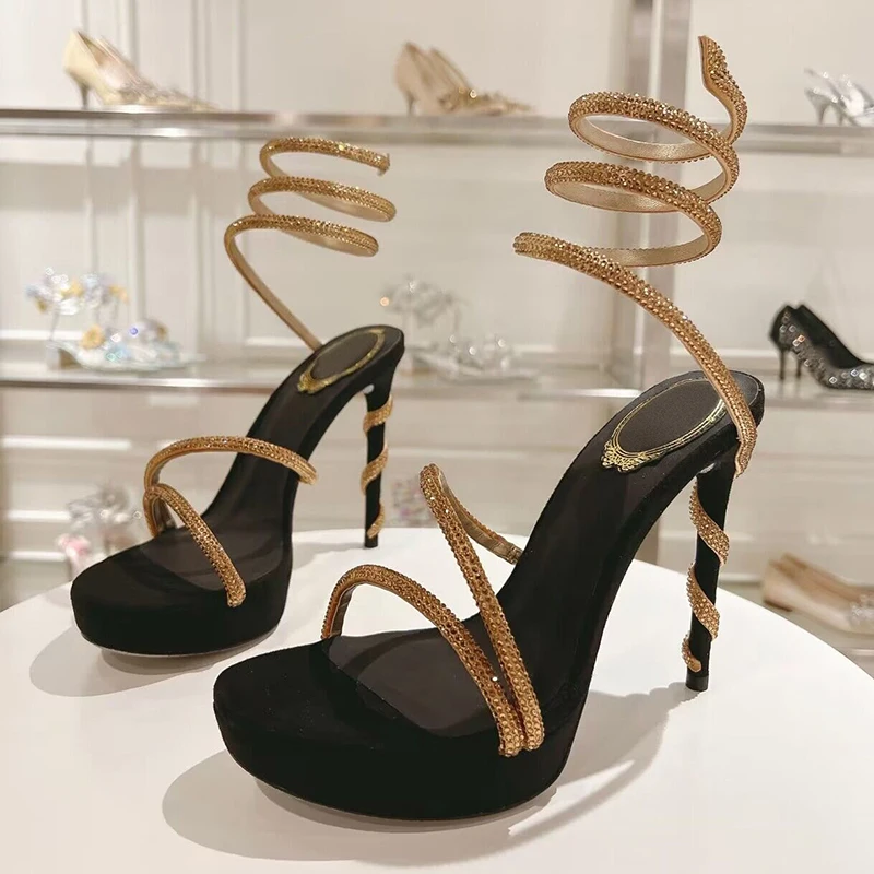 Platform Sandals Sexy Thin High Heels Women's Shiny Crystal Ankle Snake Shaped Winding Banquet Shoes Rhinestone Sandalias Mujer