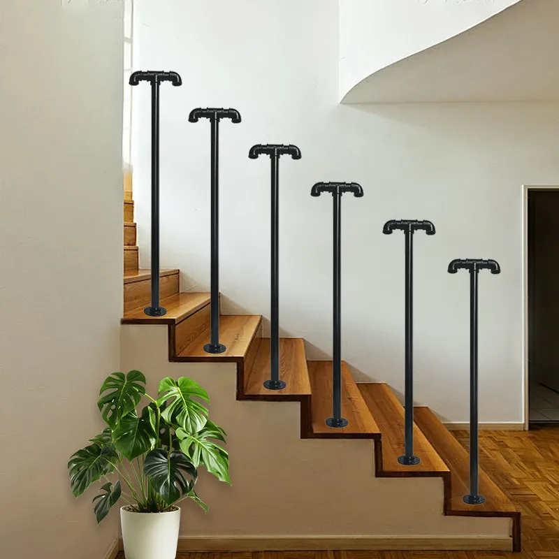 

Wrought Iron Water Pipe Outdoor Step Handrails for 2-3 Steps - Black Porch & Deck Railing for Concrete/Patio Stair Railing