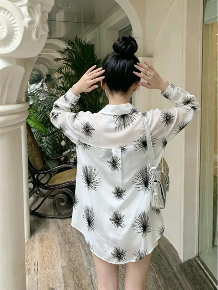 

Ladies Summer Thin Long Sleeve Shirt Loose Fit Firework Design Casual Style Korean Version Printed Collar Slimming Effect