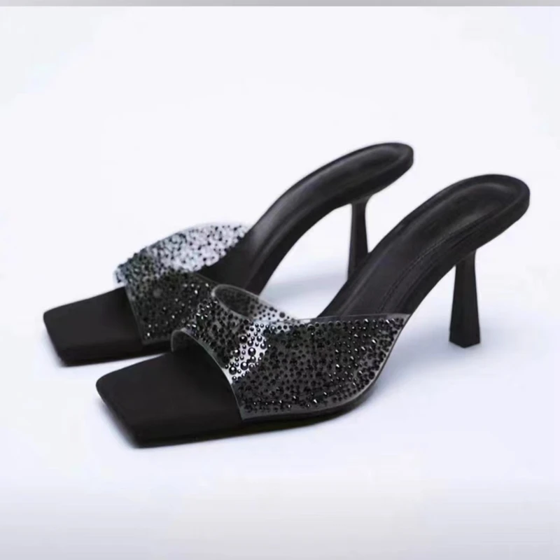 Fashionable Large Size High-heeled Slippers for Women Summer New Solid Color Square Toe Rhinestone One-line Stiletto Slippers