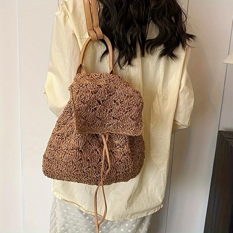 

Универсальная повседневная пляжная сумка большой вместимости, модный тканый женский рюкзак, подходит для поездок на работу в пляж и путешествие