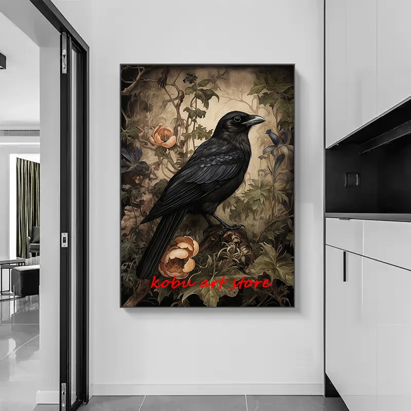 Dark Academia Raven Floral Forest Vintage Poster Gothic Crow Portrait Canvas Paintings Wall Art Print Picture Living Room Decor