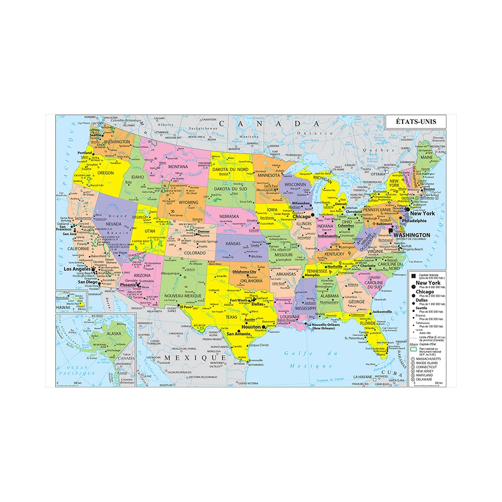 The United States Map with Details In French Wall Art Poster Canvas Painting Office School Supplies Home Decoration 59*42cm