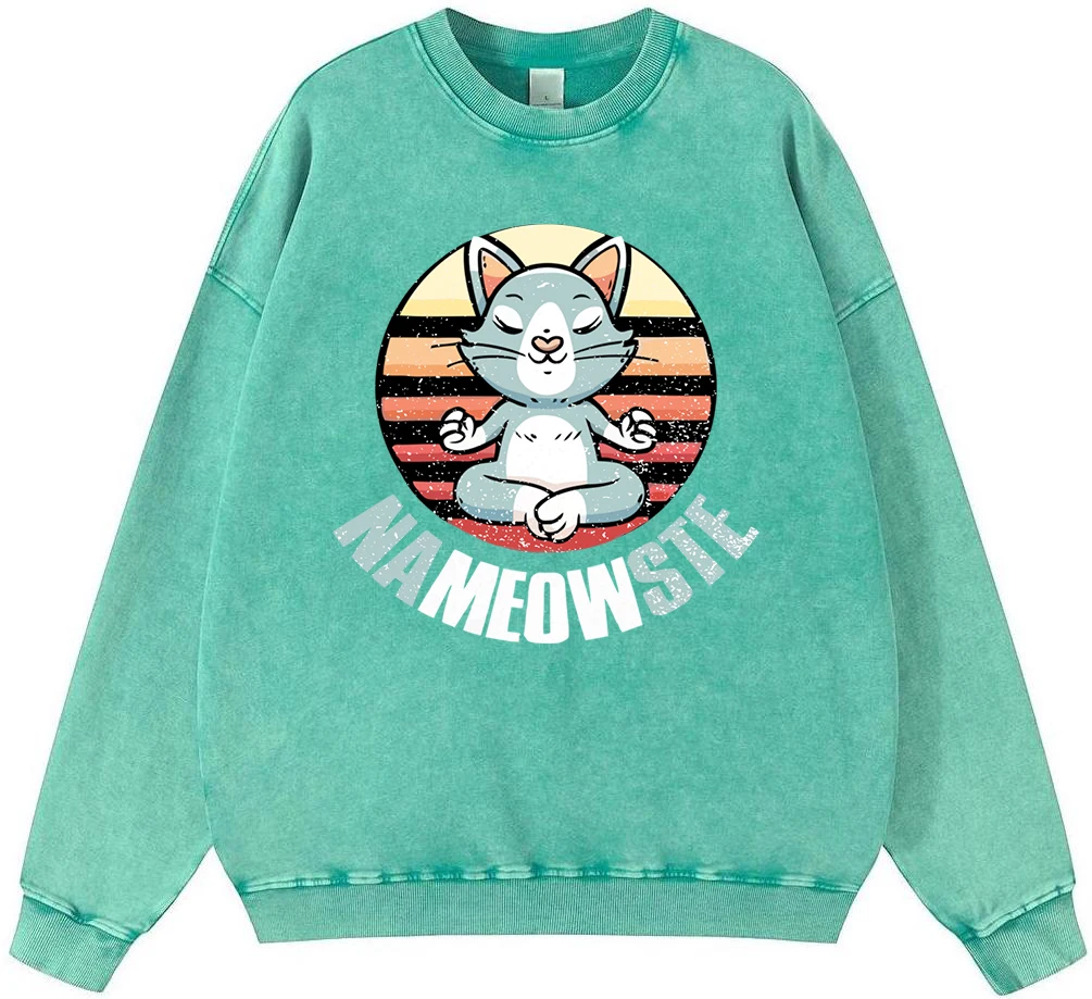 Cat Meditation Man Vintage Washed Cotton Sweatshirt Simple Oversize Pullover Autumn Fleece Warm Hoodies Hipster Soft