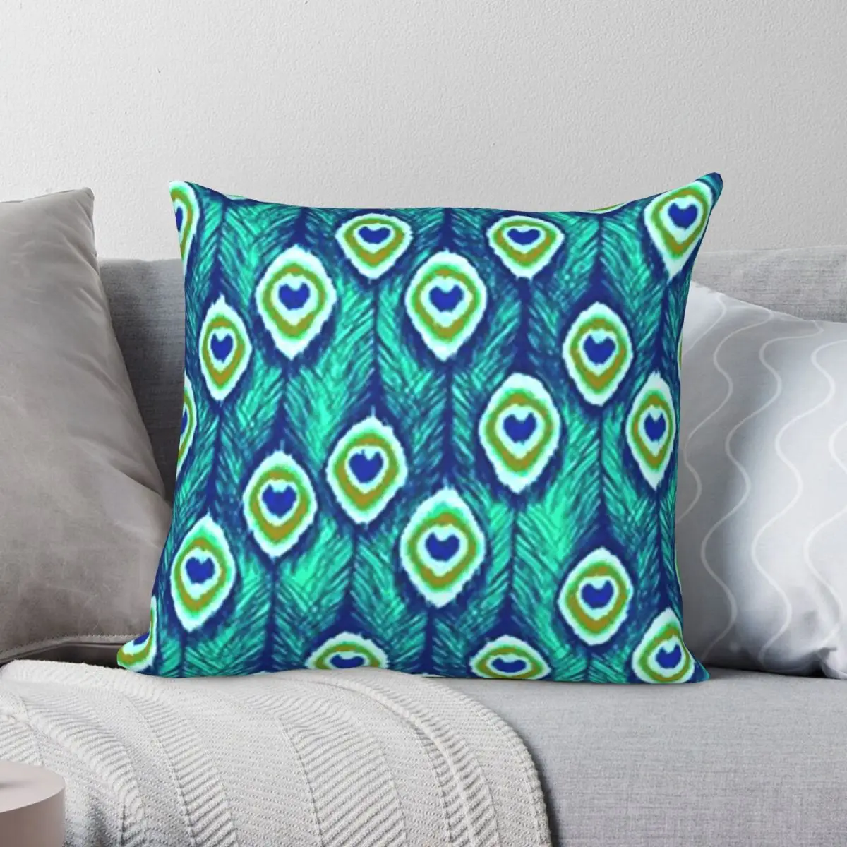 Peacock Feathers Overall Square Pillowcase Polyester Linen Velvet Pattern Zip Decorative Bed Cushion Cover