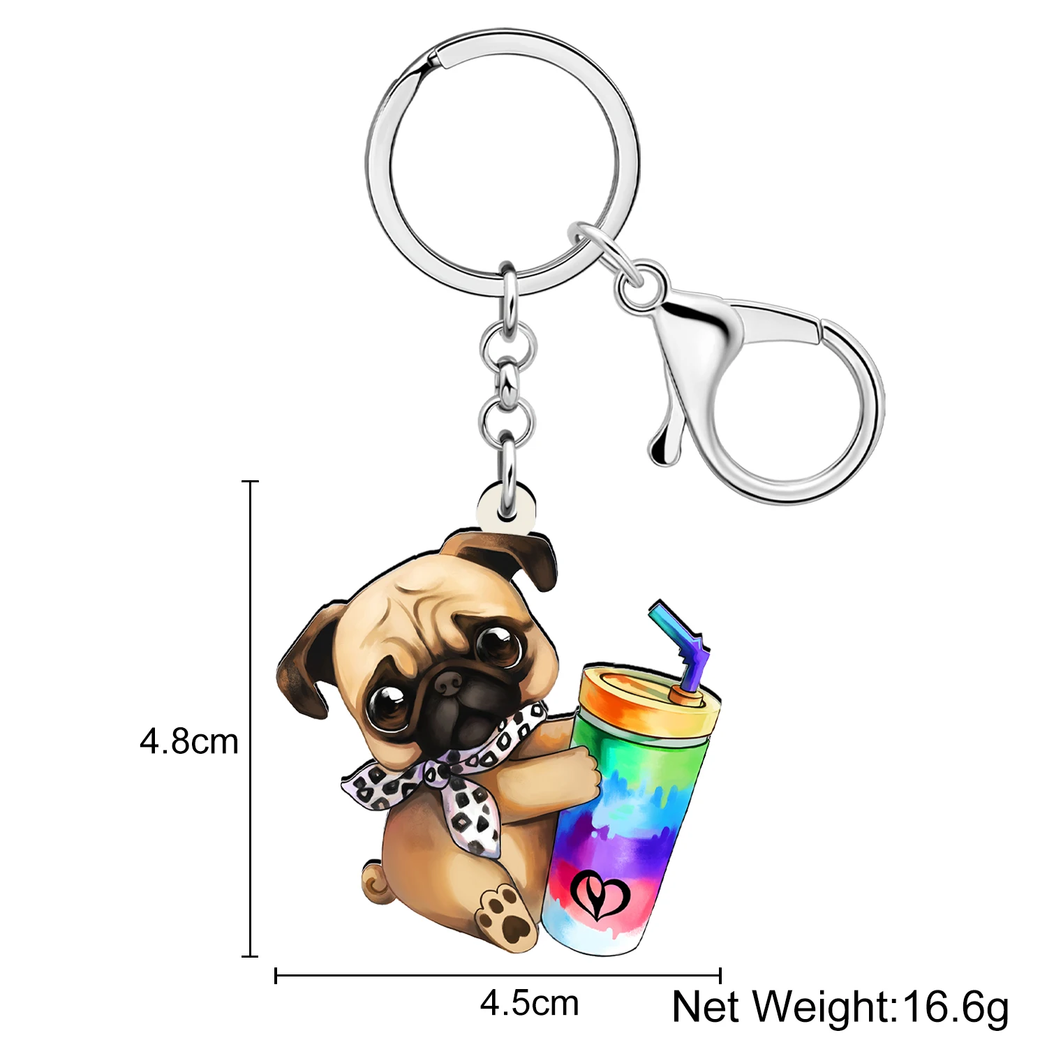 BONSNY-Chaveiros acrílicos dos desenhos animados para mulheres e crianças, copo colorido, Pug Dog, charme Puppy Keyring, novidades jóias presentes