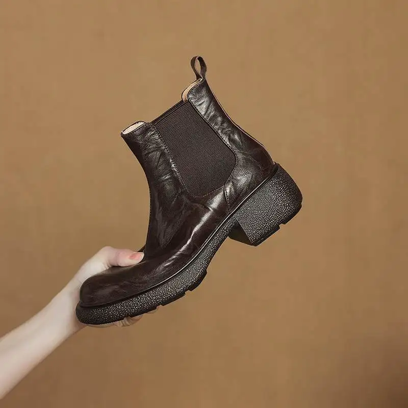 كرازينغ وعاء كبير الحجم جلد الغنم حذاء بكعب سميك منصة الحديثة تشيلسي الأحذية عادية الشتاء الخريف الراحة Vintage النساء حذاء من الجلد