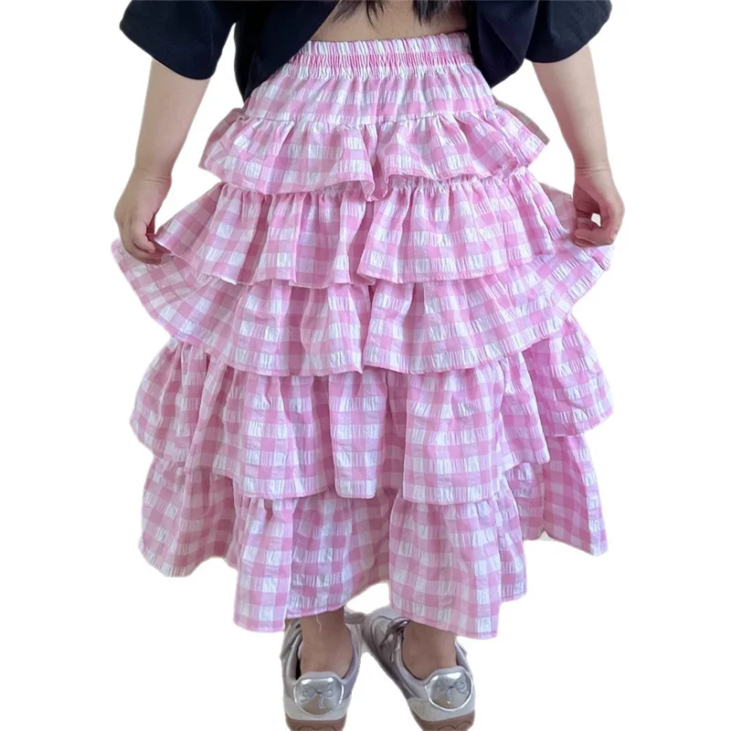 

Kids Casual Long Cake Skirt for Babi Girl Summer Gentle Style Pink Plaid Cotton Skirt Baby Child Preppy Clothing Age 2-9 Years