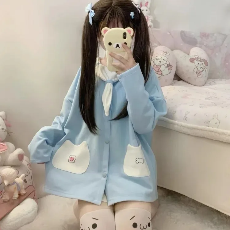 Y2k E-Girl Sailor Collar Little Bear Ears Sweatshirts Thin Long Sleeve Coat Women 2024 New Mid-length Loose Cardigan Jackets