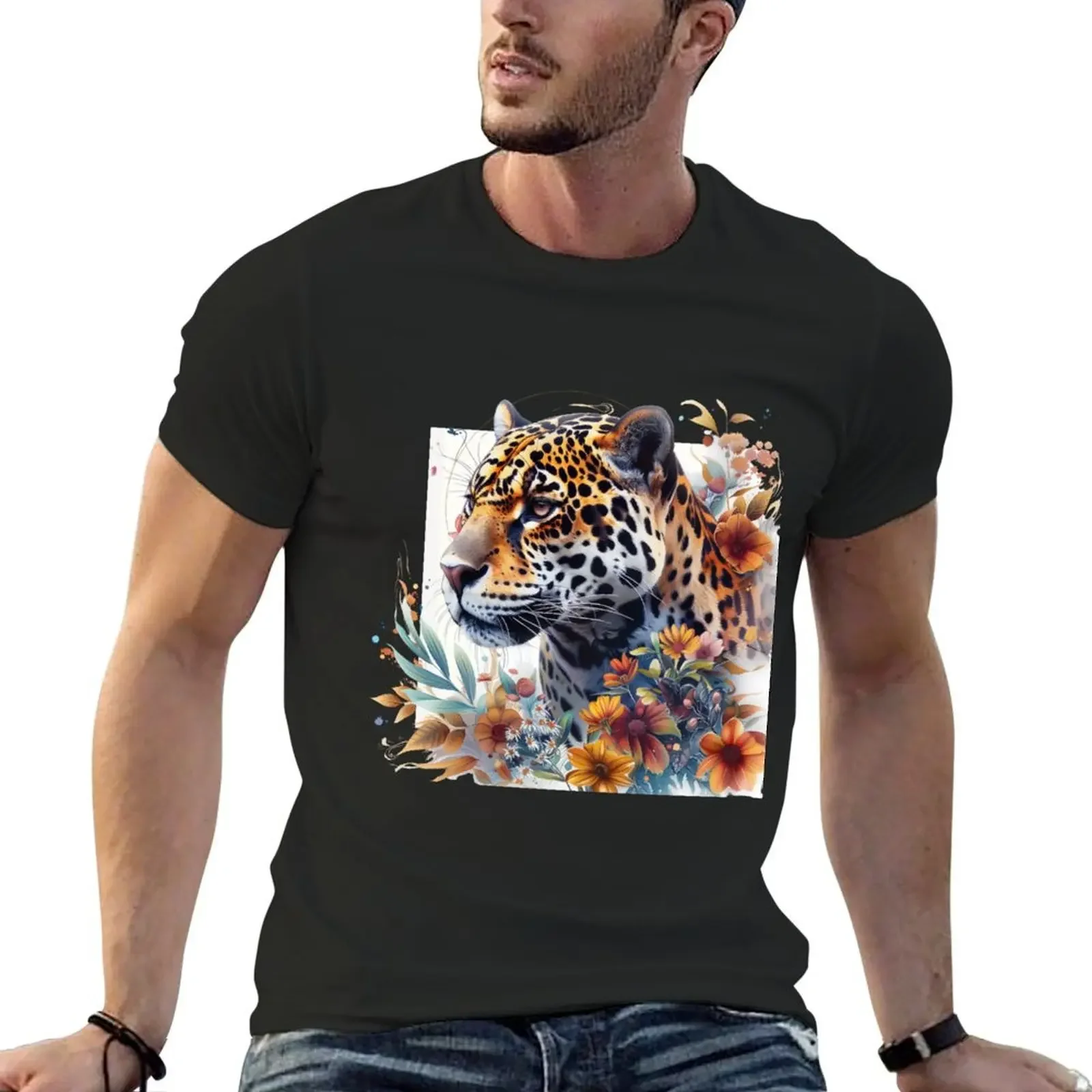 

Jaguar in Floral Majesty T-Shirt graphics customs anime tshirt mens t shirts top quality