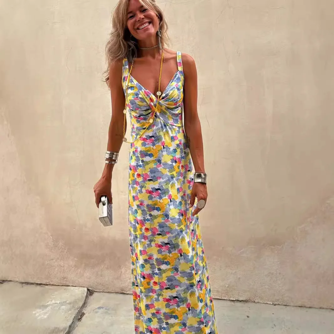 Printed Suspender Long Women\'s Dress 2025 Summer V-neck Slim Party Bodycon Dresses Fashionable Pleated Bohemian Beach Sundress