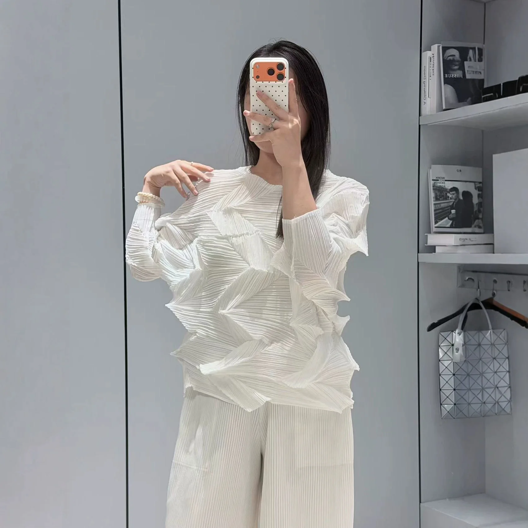 Miyake Style 3D Origami Pleated Top Women Irregular 3/4 Sleeve Loose Artistic Wrinkle‑Resistant Blouse