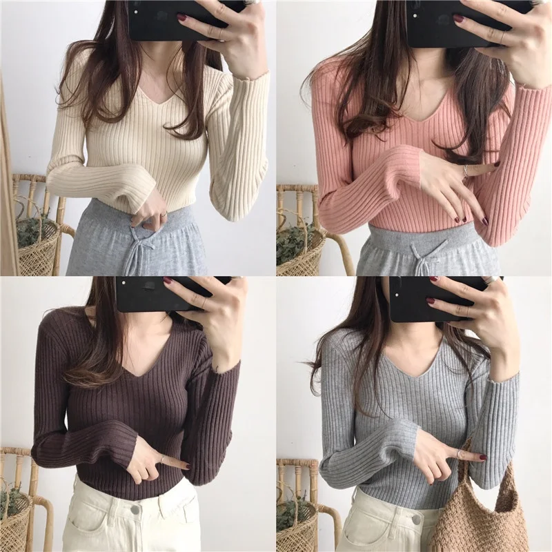 

Bla V-Ne Knitted Slim Fit Top Women's Base Layer irt Autumn Winter Thin Sweater Faionable Inner Wear Commute Sle