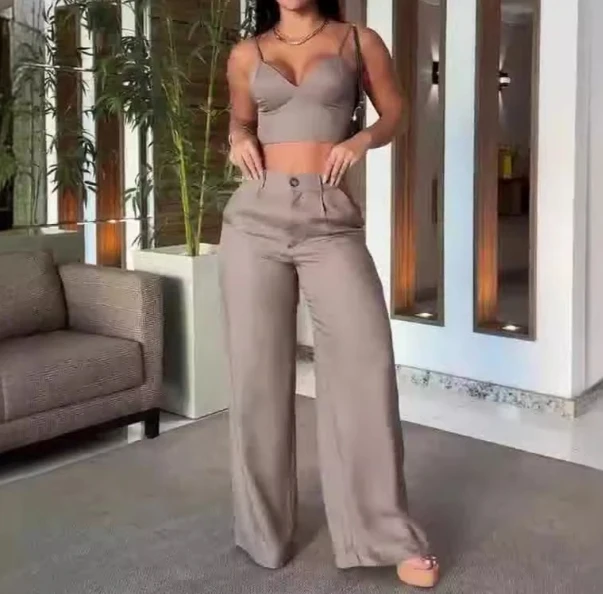 Modischer Sommer neue zweiteilige süße und würzige Stil sexy Crop Top Hosenträger hohe Taille weites Bein Hosen Set für Frauen