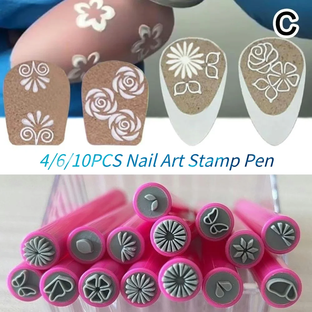 10/6/4 pçs/set rosa caneta carimbo da arte do prego profissional manicure prego graffiti arte ornamento ferramenta feminino diy arte do prego selo caneta