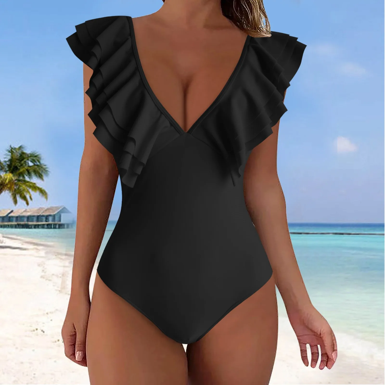 Bathing Suits For Girls Women Ruffled 1 Piece Swimsuit V Neck Push Up Tank Swimwear Vintage Bathing Swimsuit For Women 2024