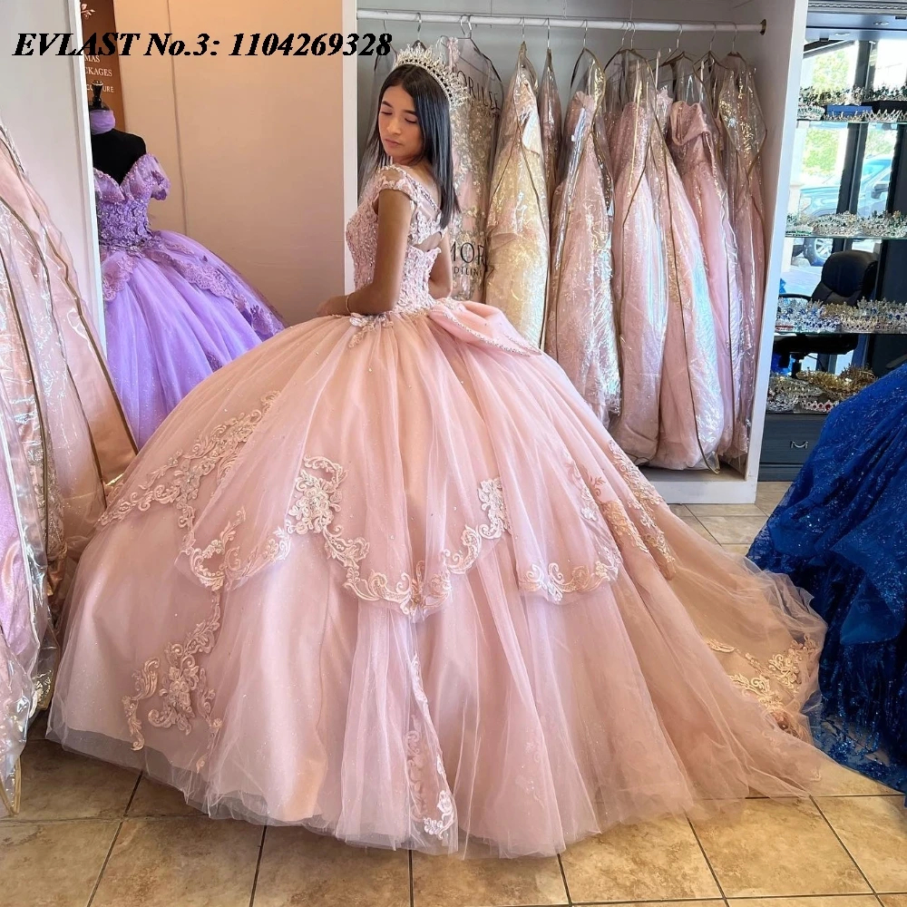 

EVLAST блестящее розовое платье Quinceanera по индивидуальному заказу, бальное платье с аппликацией, корсет с бантом и бисером, милое платье 16, Vestidos De 15 Anos E3Q549