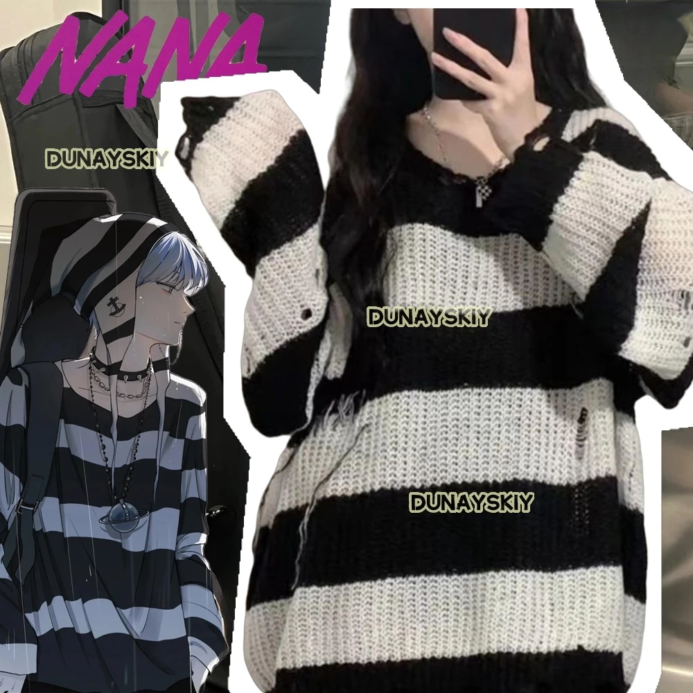 Anime NANA Okazaki Shinichi Cosplay Costume Unisex Stripe Knitted Sweater Autumn Ripped Irregular Sweaters Top Clothes Halloween