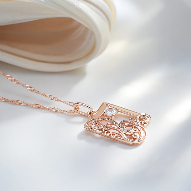 Kinel Vintage 585 Rose Gold Color Square Pendant Necklace for Women Natural Zircon Glossy Metal Ethnic Bride Trend Daily Jewelry