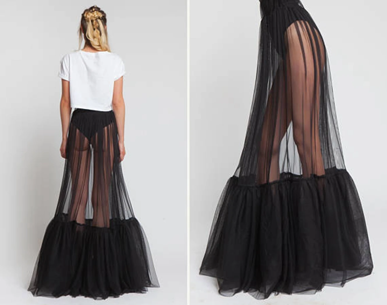 Sheer One Layer Black Maxi Skirt See Through Women Black Long Tulle Skirt with Unique Ruched Edge 2023 New Design No Lining