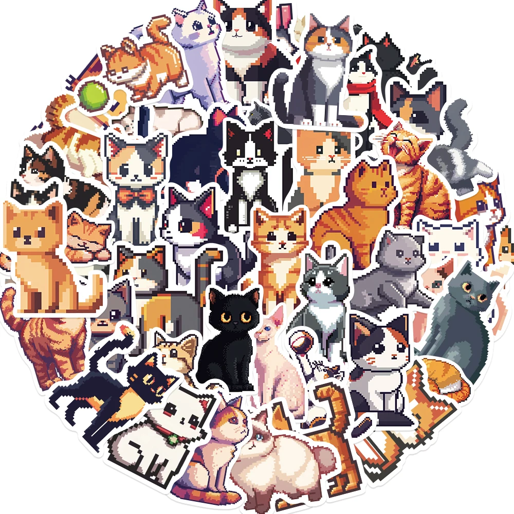 50pcs Cute Cartoon Pixel Cat Stickers Vinyl Laptop Decals for Water Bottle Luggage Notebook Waterproof Graffiti Sticker Kids Toy