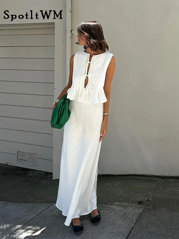 Women Elegant White Long Skirt Sets Fashion O-neck Hollow Out Lace Up Pleated Ruffles Vest Suits Summer Female Commuting Outfits