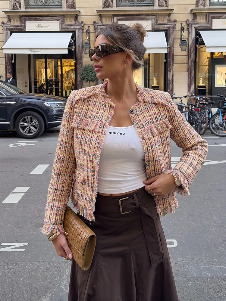 HH Women Spring Autumn Colorful Plaid Tweed Jacket Fringed Trim Crew Neck Cropped Long Sleeve For Holiday Vacation Casual Wear