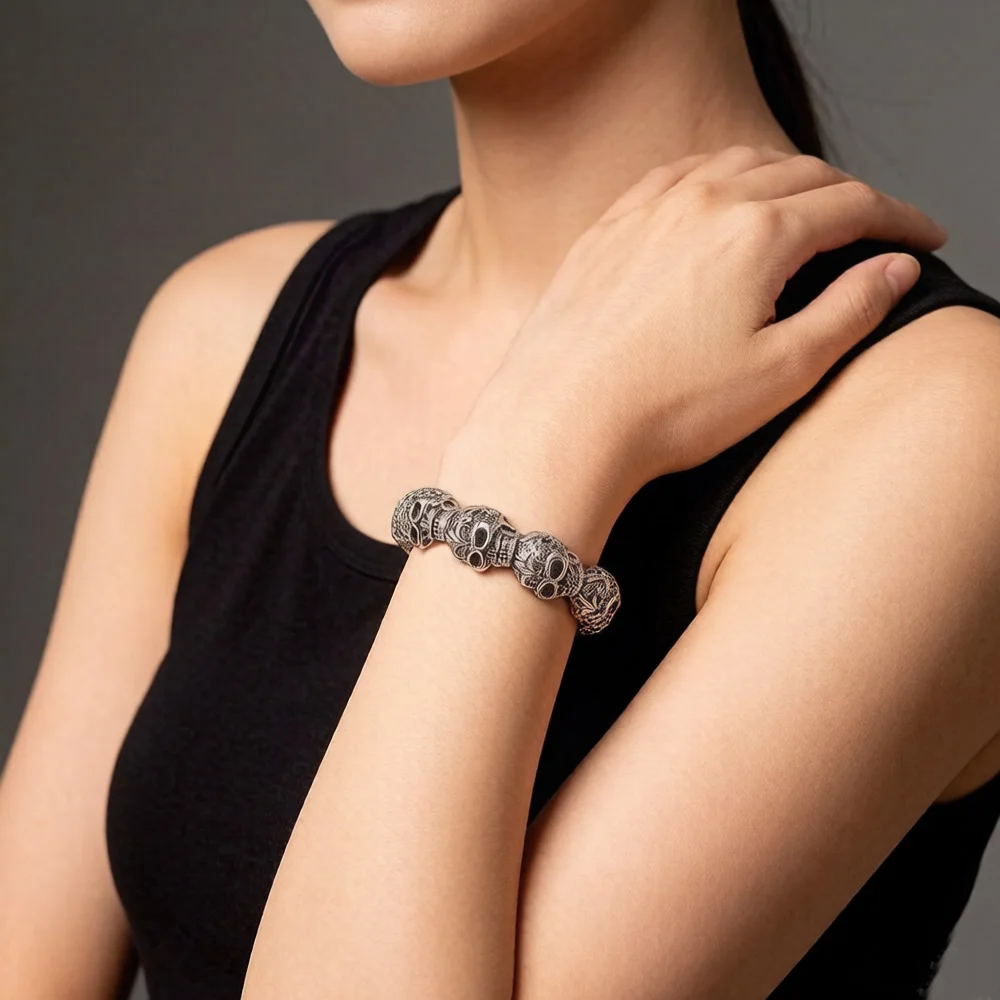 Bracelets Fleur-de-lis Lily & Skull Punk Bead Brand Silver Fashion Europe Style Jewelry Bijoux Gift For  Men & Women