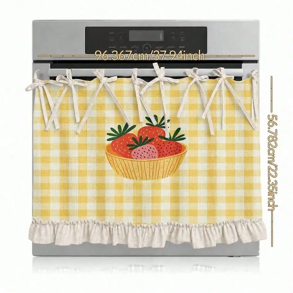 2D Yellow Gingham Strawberry Basket Print Ruffled Tie Curtain, Multifunctional Decorative Curtain Kitchen Valance, Oven Cover, Washing, Dishwasher, Bathroom Window Treatment, and Kitchen, Halloween Kitchen Apron