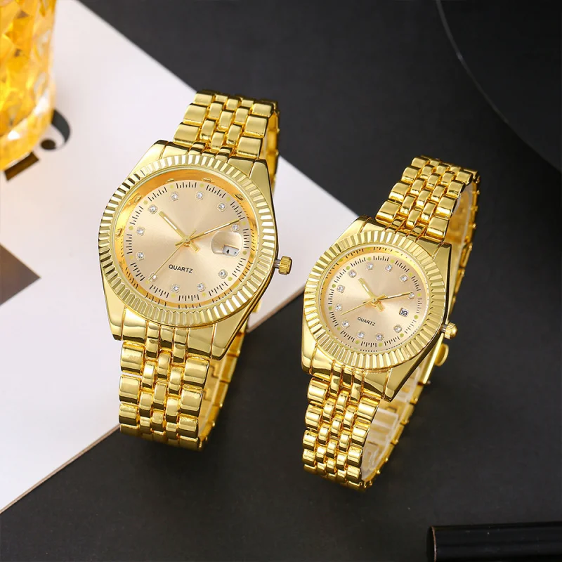 

Foreign Trade-Border Hot Couple watch Alloy Men's Calendar Business Room Gold Women's Luminous