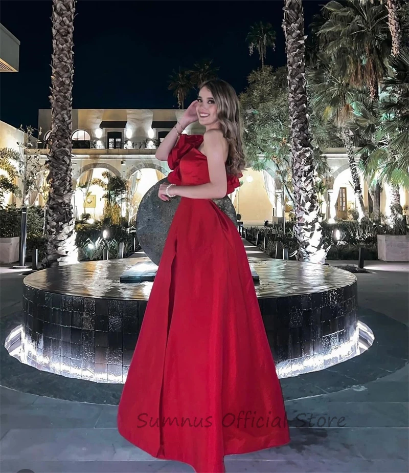 SUMNUS Elegant Red Satin Night Prom Dresses A Line Side Slit Ruffles One Shoulder Custom Formal Evening Gowns Vestidos De Fiesta