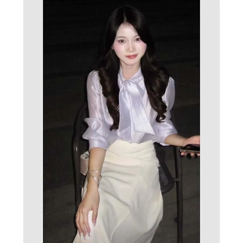 

Фиолетовый комплект юбки-сарафан с внутренним бантом, из полиэфирного волокна, длинный, круглый вырез, для колледжа, осенний...