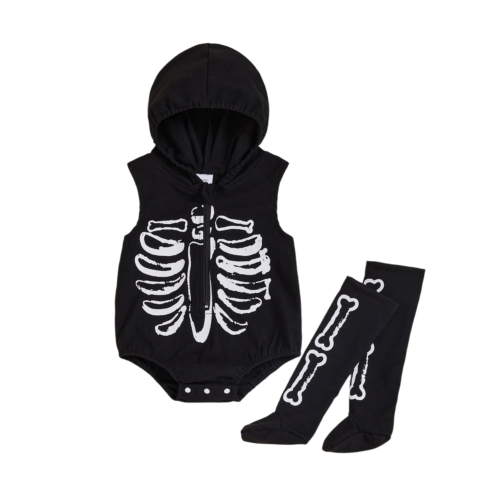 

Baby Cosplay Costume Sleeveless Hooded Bones Print Romper with Stockings Halloween Clothes for Girls Boys