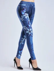 Women's Butterfly Printed Tight Sexy Faux Denim Casual Winter High Waist Stretch Bottom Pants