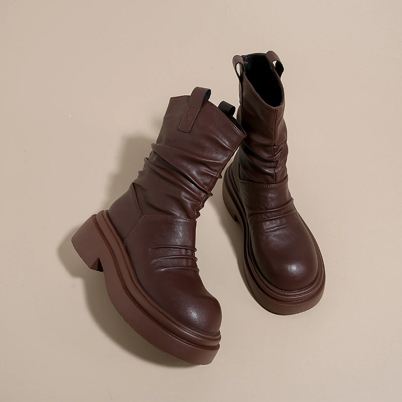 

Осенне-зимние дизайнерские плиссированные женские ботильоны без шнуровки, современные короткие туфли на толстом каблуке Botas Mujer