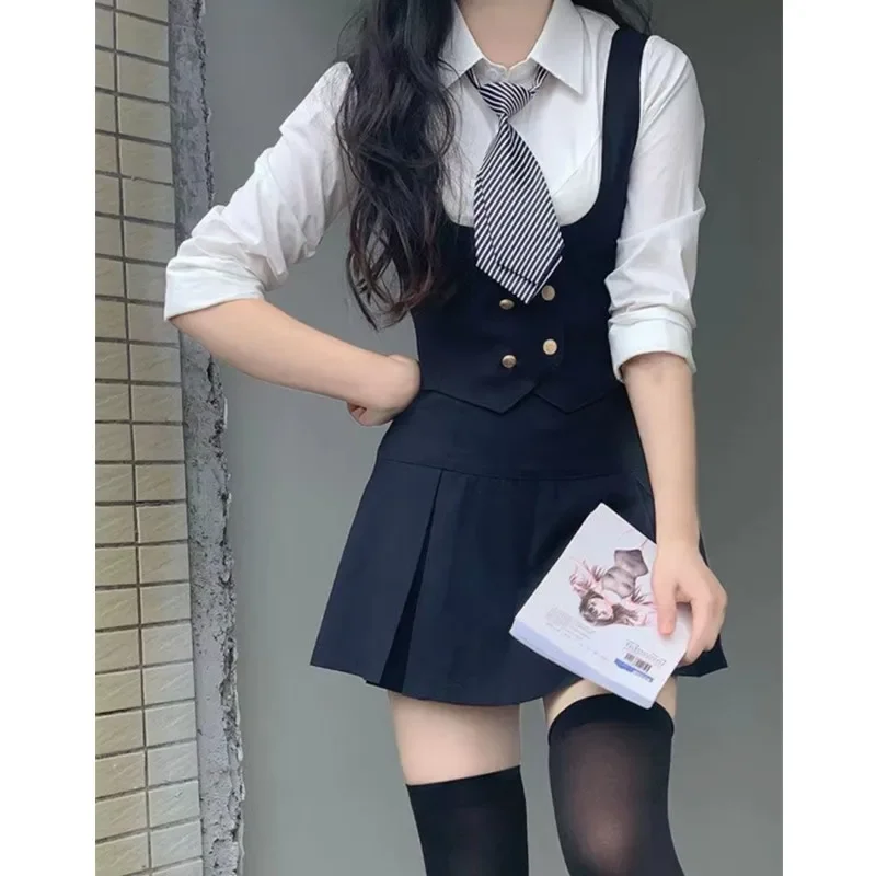 American JK Uniform Suit Hot Girl Style Short Skirt Pleated Skirt Suit Short-sleeved Shirt and Tie Female Summer Vest Shirt Sets