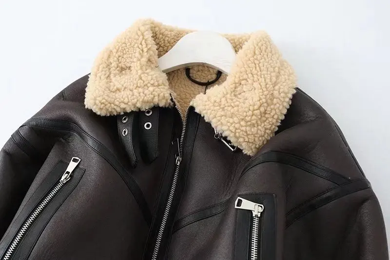 Winter Women Streetwear Faux Lamb Leather Fur Short Jacket with Belt Moto Biker Thick Warm Sheepskin Coat Outwear