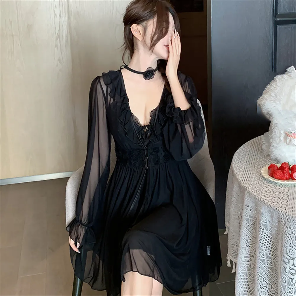 

Summer Women Mesh Robe Nightgown 2PCS Set Sexy Patchwork Lace Nightdress Lingerie Silky Satin Home Clothes Loungewear
