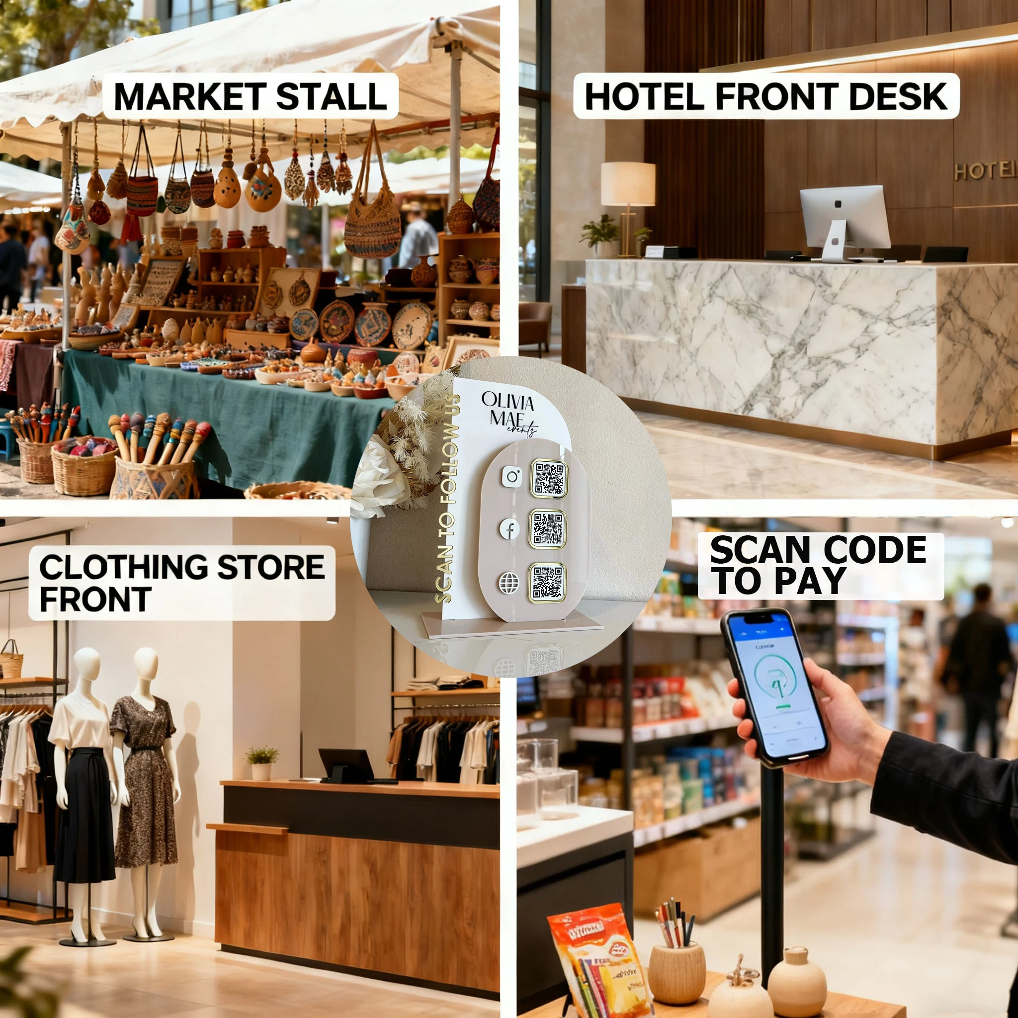 

Customizable Arched Acrylic Desktop QR Code Display Stand With Business Card Slot For Social Media Salon Payment Business Review