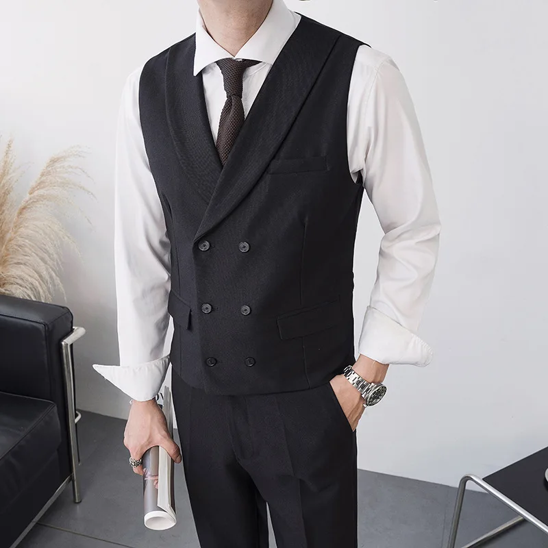 Men Vest Gray Business Casual Slim Fit Tweed Sleeveless Waistcoat Wedding Banquet Party Work Men Suit Set